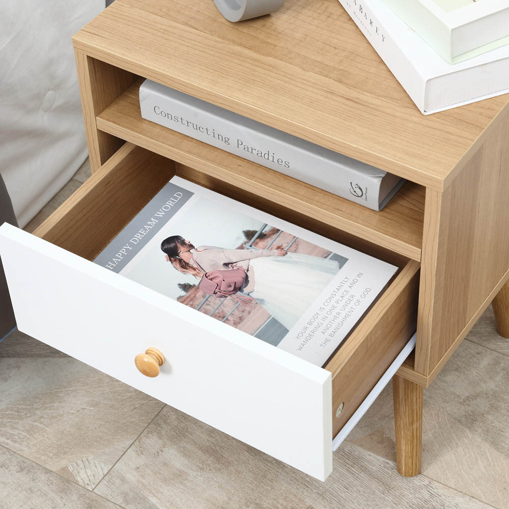 Portland Single Drawer White and Natural Bedside Table Image 3