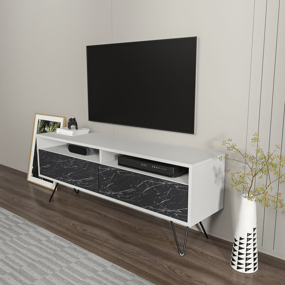 Decorotika Flay 2 Door 2 Shelf Black Marble Effect and White TV Unit Image 3