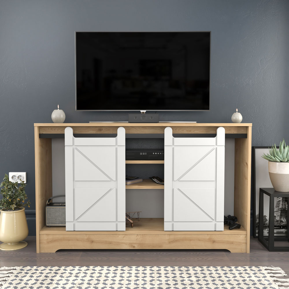 Decorotika Oak and White Barn Door TV Unit Image 5
