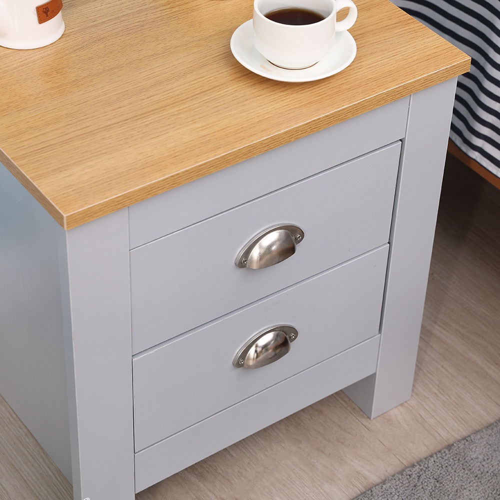 FurnitureHMD 2 Drawer Grey and Oak Effect Wooden Bedside Table Set of 2 Image 3