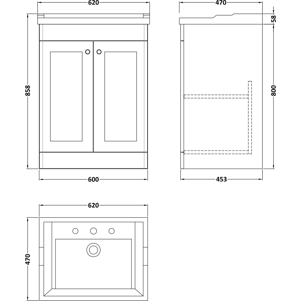 nuie Classique 2 Door Satin Grey Floor Standing Unit and 3 Tap Hole Fireclay Basin 600mm Image 3