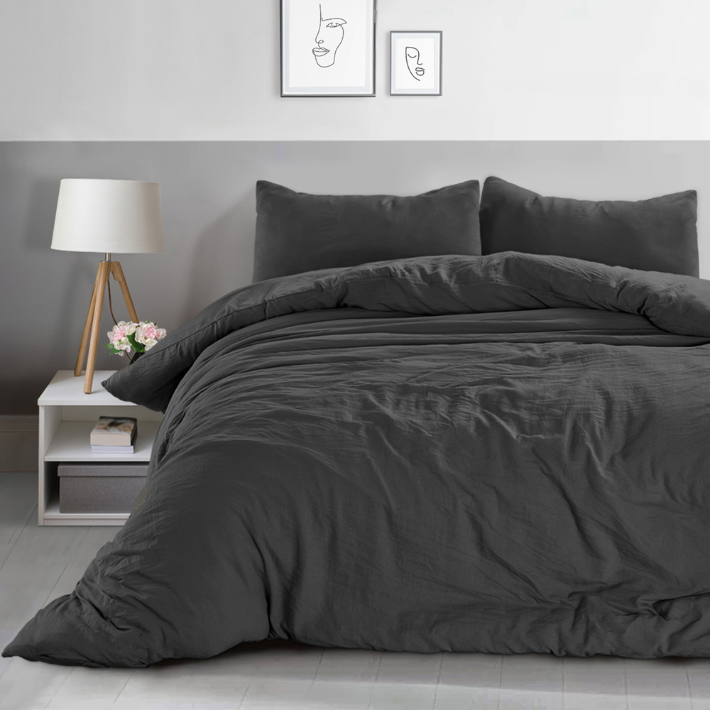 Velosso Washed Linen Look Double Charcoal Duvet Set Image 1
