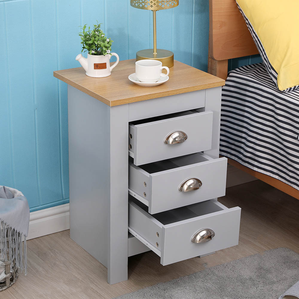 FurnitureHMD 3 Drawer Grey and Oak Effect Wooden Bedside Table Set of 2 Image 7