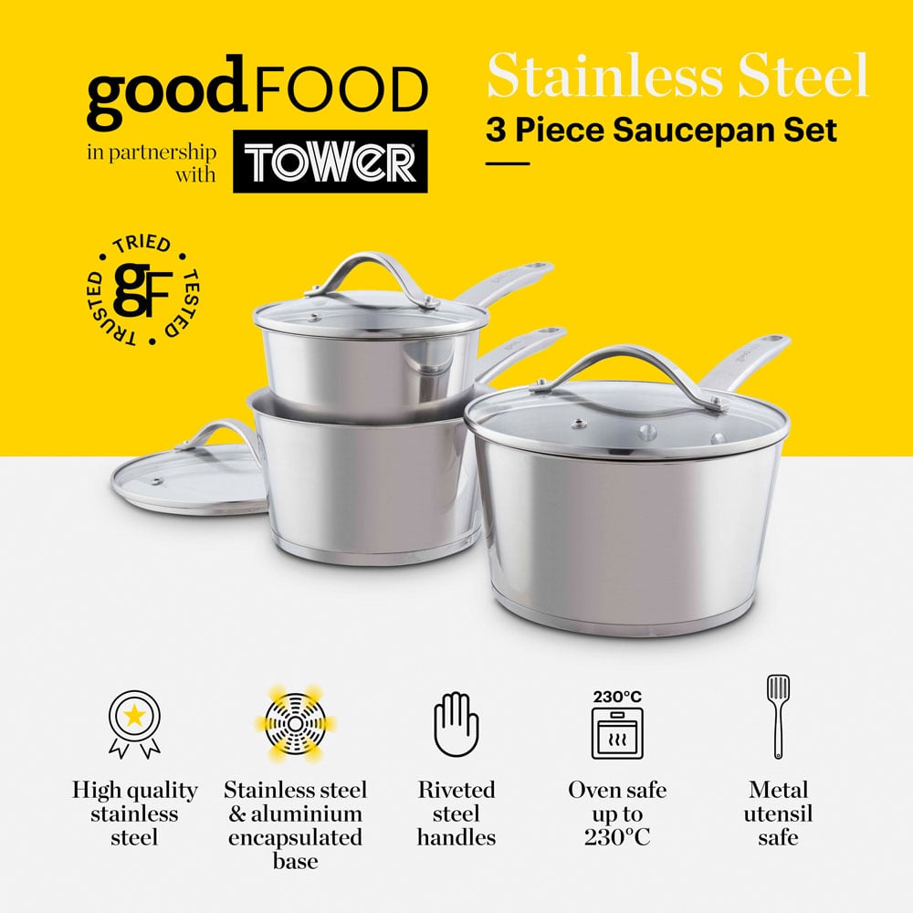 Good Food Stainless Steel Saucepan Set 3 Piece with Tempered Glass Lid Image 2
