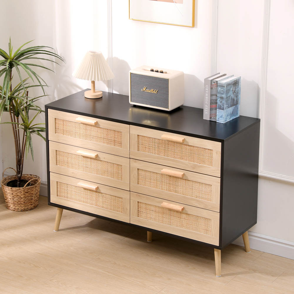 FurnitureHMD 6 Drawer Black and Natural Rattan Woven Front Wooden Chest of Drawers Image 9