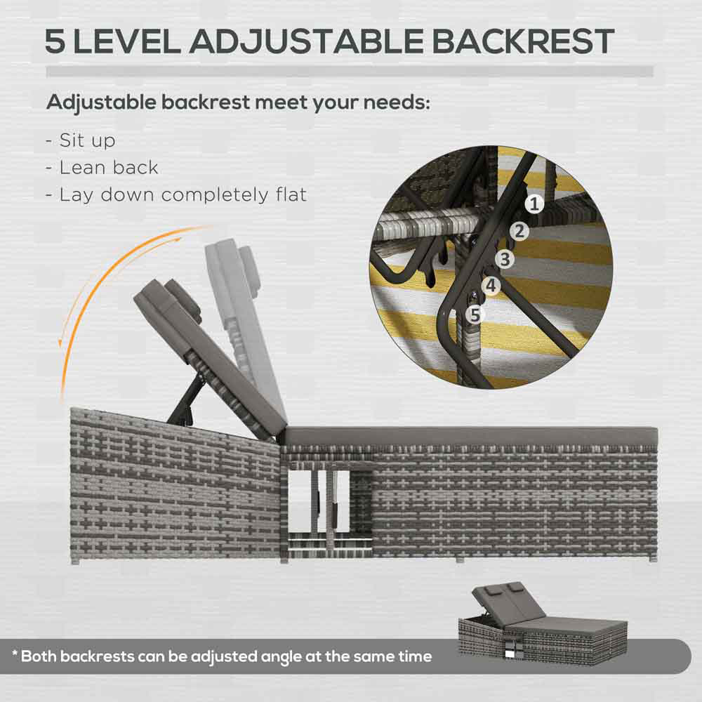 Outsunny Grey Rattan Sun Lounger with Cushions Image 5