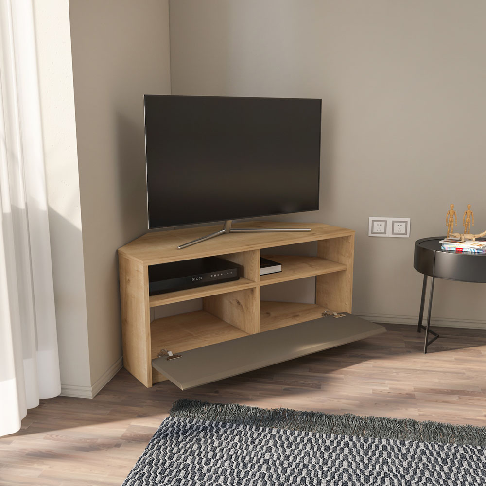 Decorotika Comero Single Door 2 Shelf Sapphire and Oak Corner TV Unit Image 3