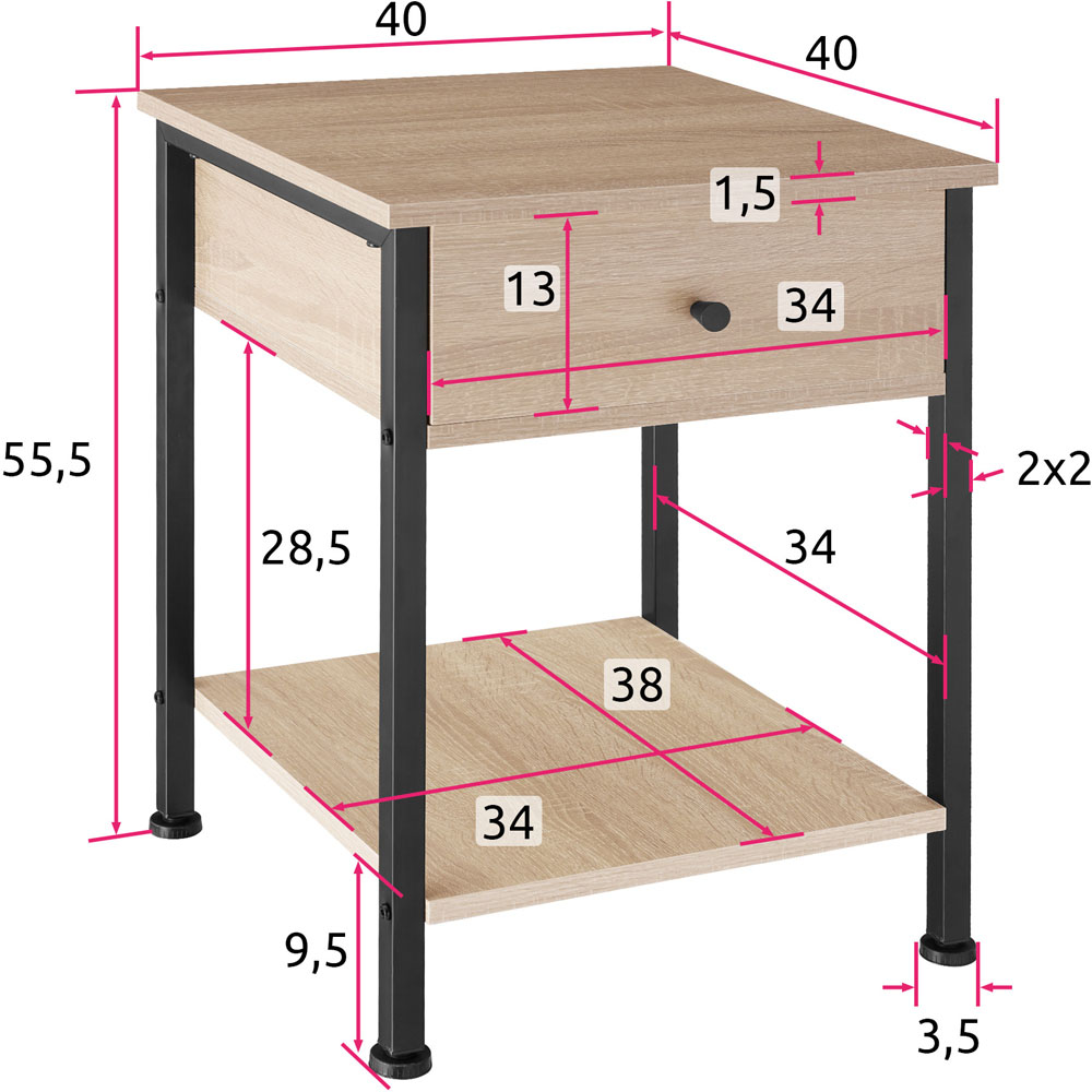 tectake Bradford Single Drawer Light Wood Oak Sonoma Bedside Table Image 9
