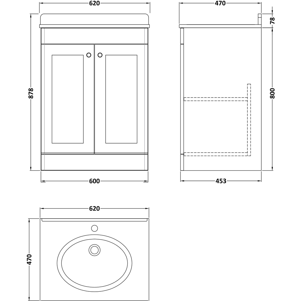 nuie Classique 2 Door Satin Grey Floor Standing Unit and 1 Tap Hole Marble Top Oval Basin 600mm Image 3