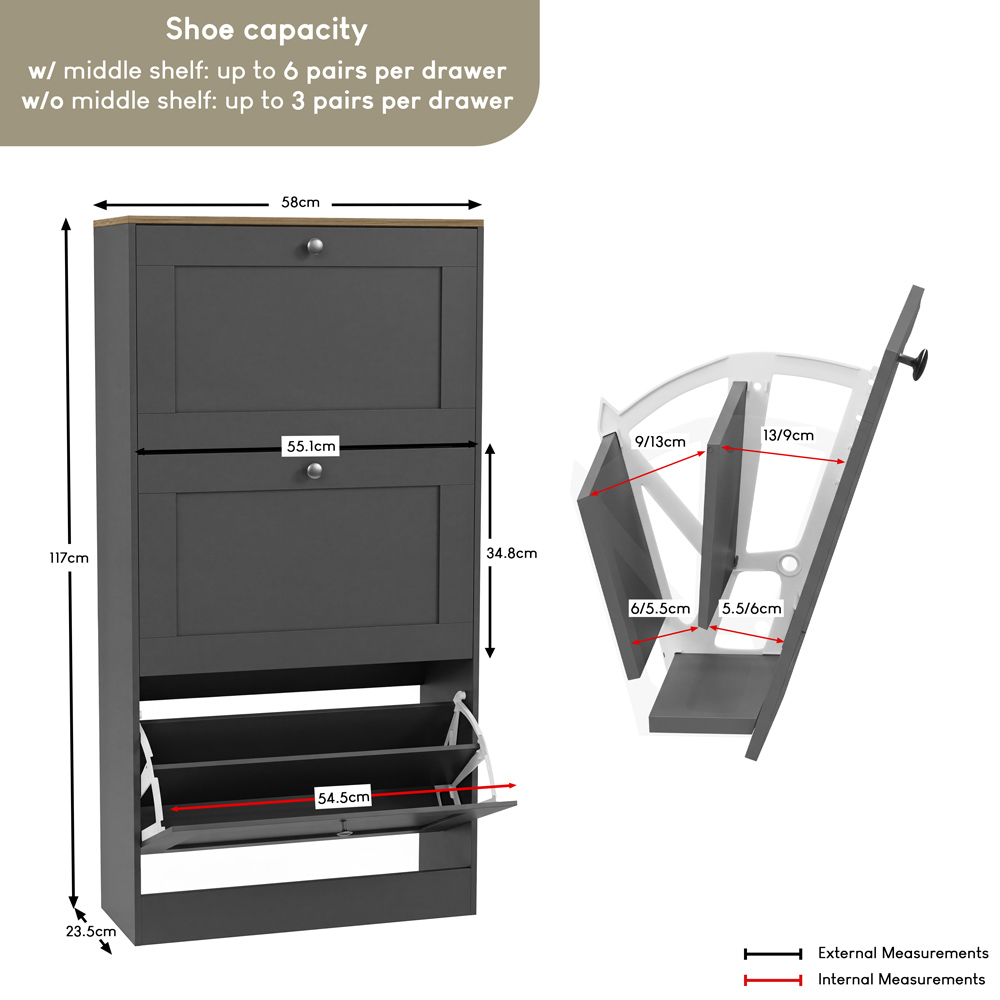 Vida Designs Altino 3 Flip Down Drawer Charcoal Grey and Oak Shoe Cabinet Image 9