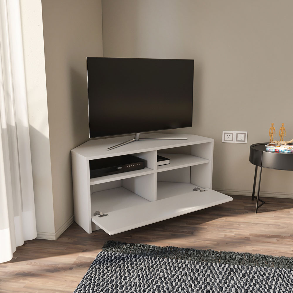 Decorotika Comero Single Door 2 Shelf White Corner TV Unit Image 3