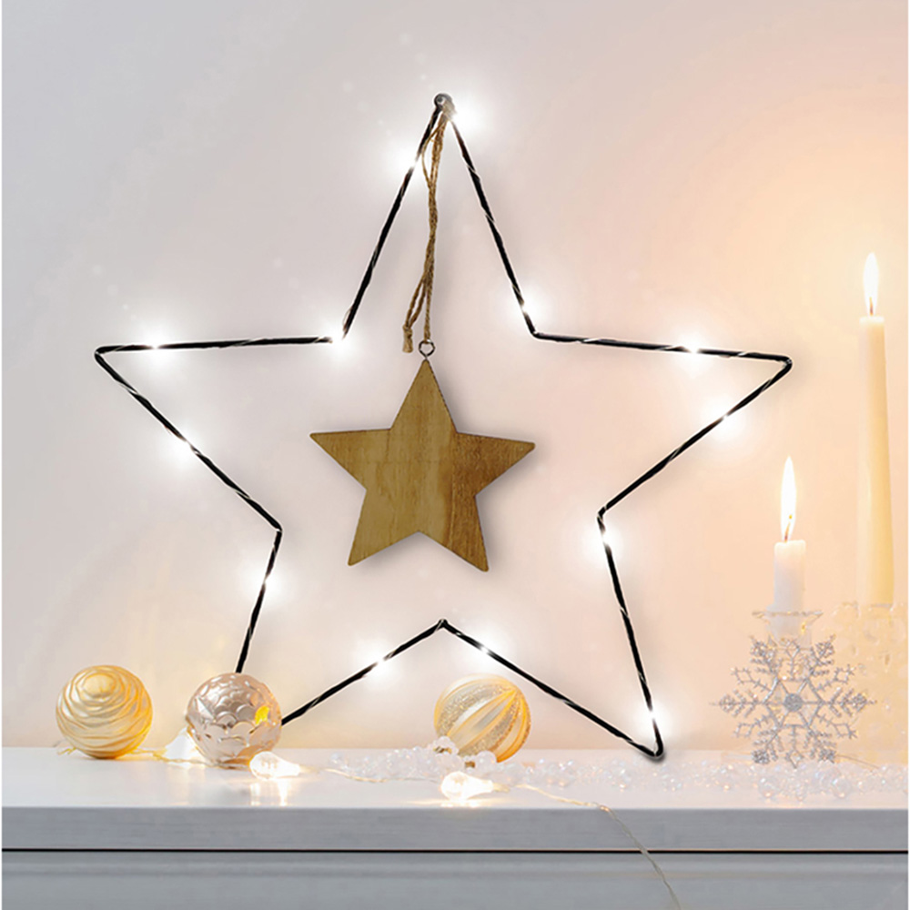 St Helens LED Metal Christmas Star Decoration with Wooden Centre Image 3