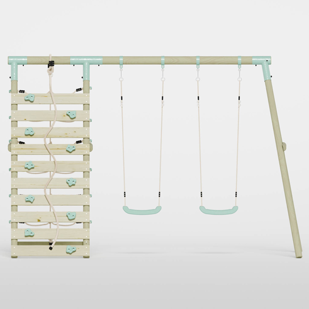 Mercia Wooden Round Pole Double Swing Set with Climbing Wall Image 3