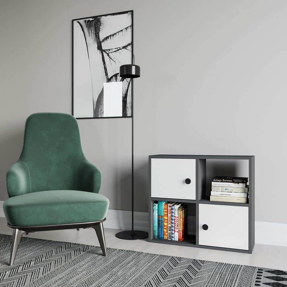 Decorotika Tuttle 2 Door 2 Open Shelf Anthracite and White Bookcase Image 4