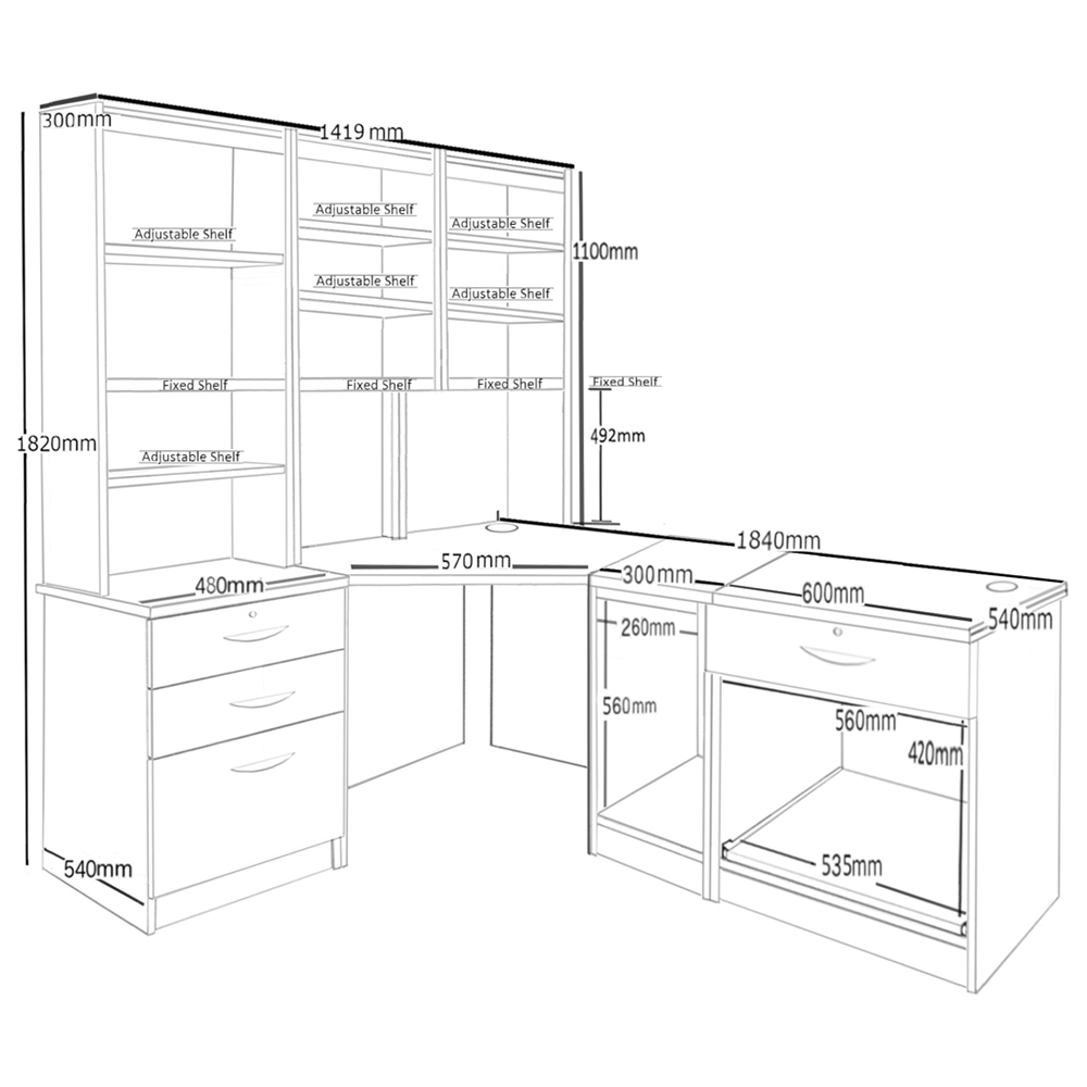 R White Cabinets 4 Drawer Corner Set-20 Computer Desk with Printer Shelf and Bookcase Grey Image 5