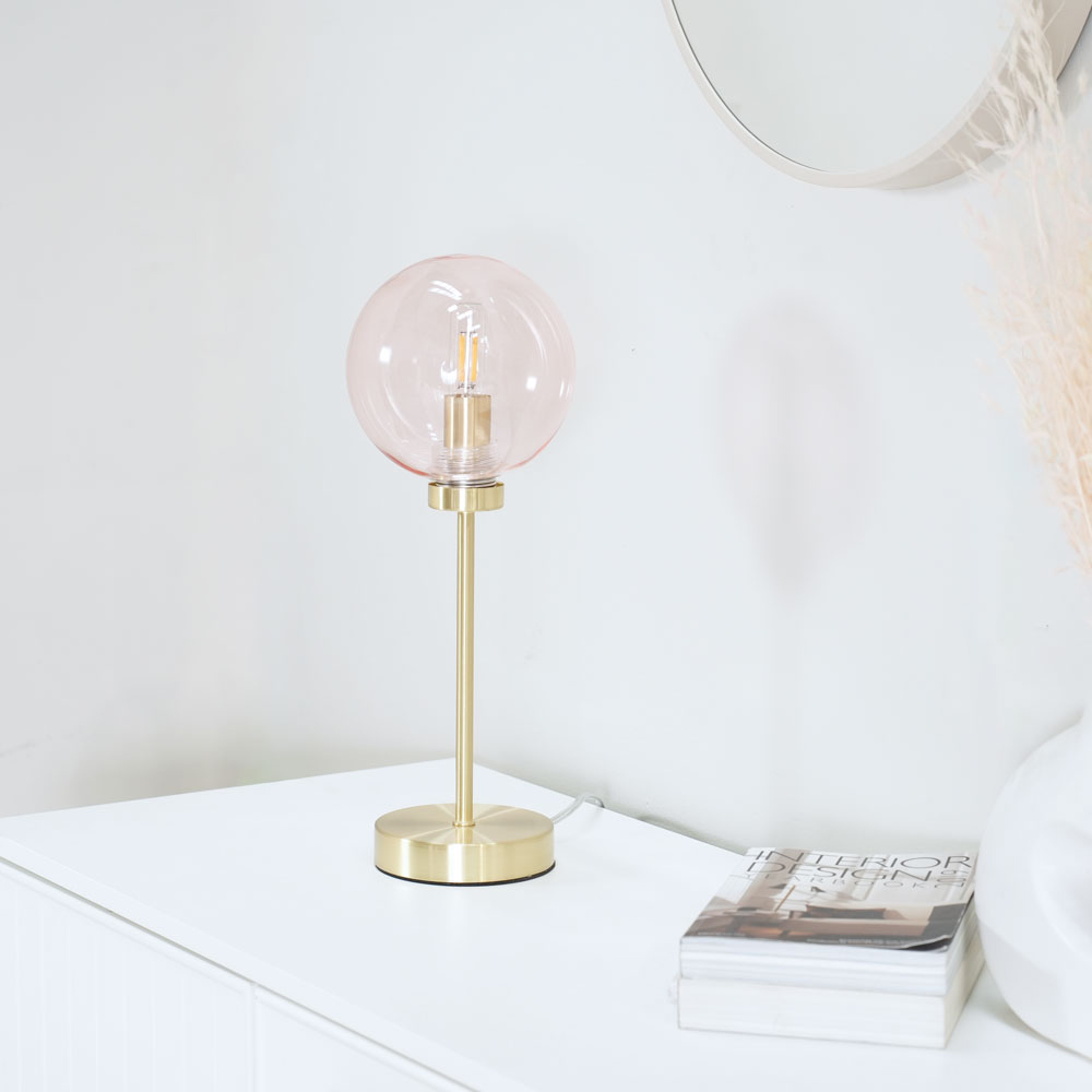 ValueLights Frenchie Pink Tinted Globe Gold Stem LED Table Lamp Image 5