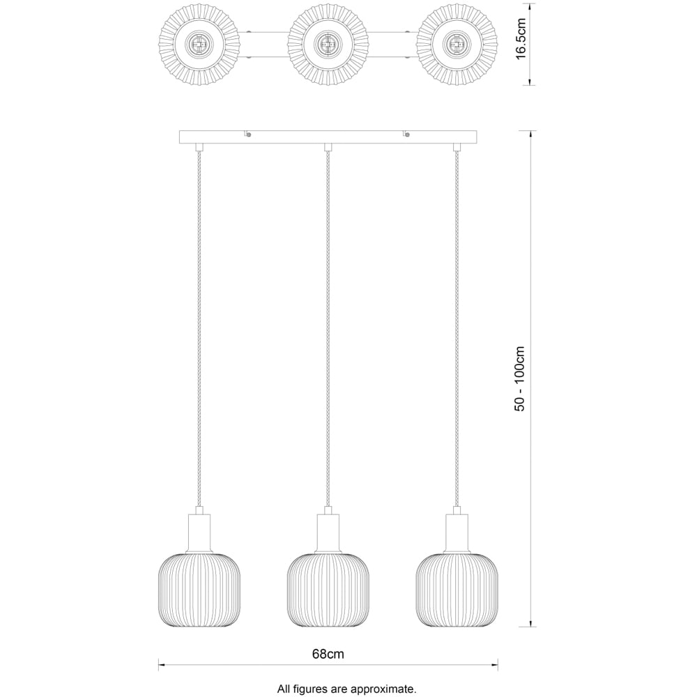 Cosylyte Clayton Brushed Brass Ribbed Glass 3 Light Bar Pendant Light Image 8