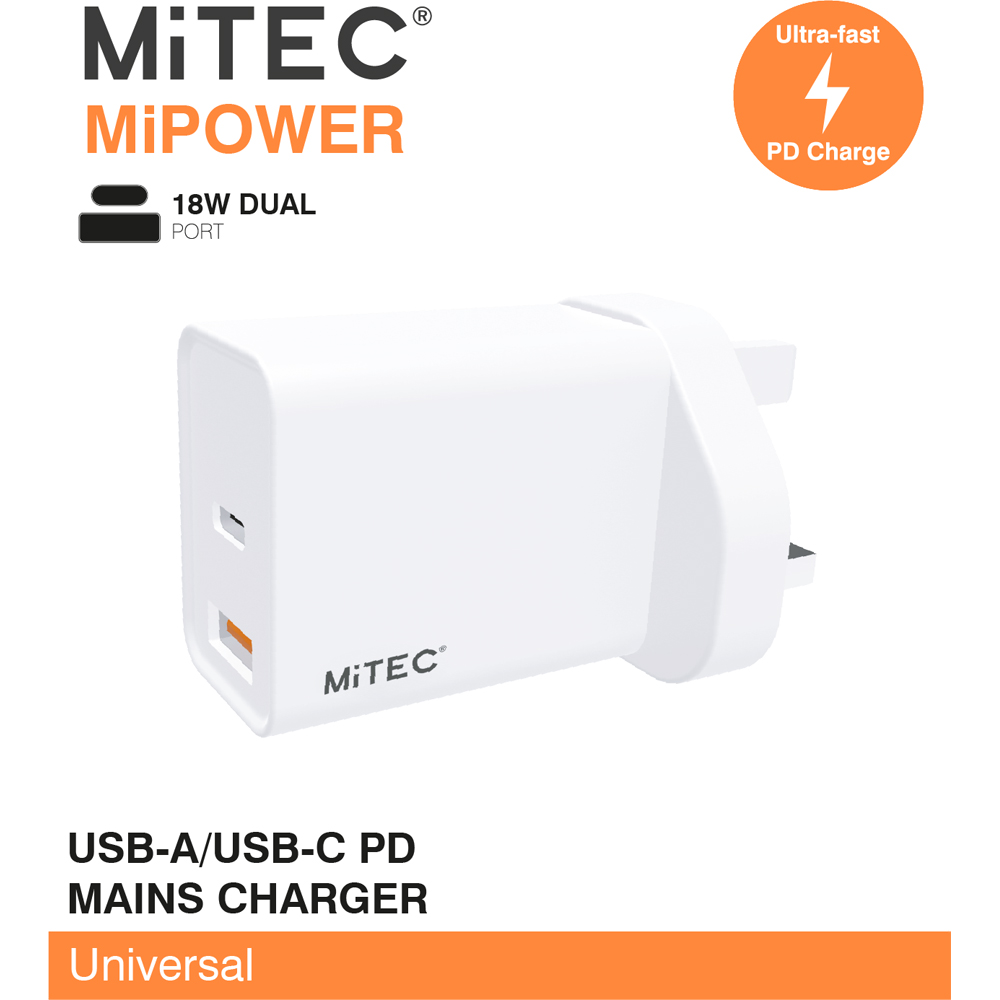 MiTEC MiPOWER Dual Port PD Mains Charger 18W Image 2