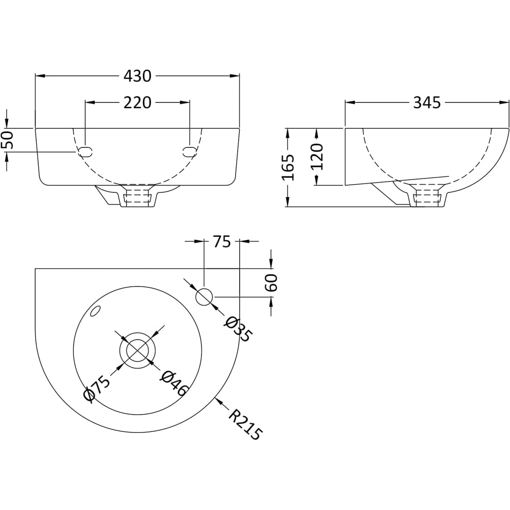 nuie Melbourne 1 Tap Hole White Wall Hung Basin 450mm Image 2