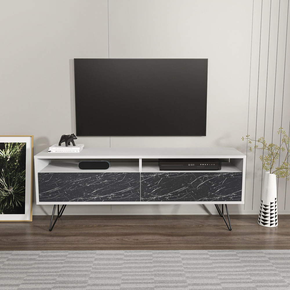 Decorotika Flay 2 Door 2 Shelf Black Marble Effect and White TV Unit Image 2