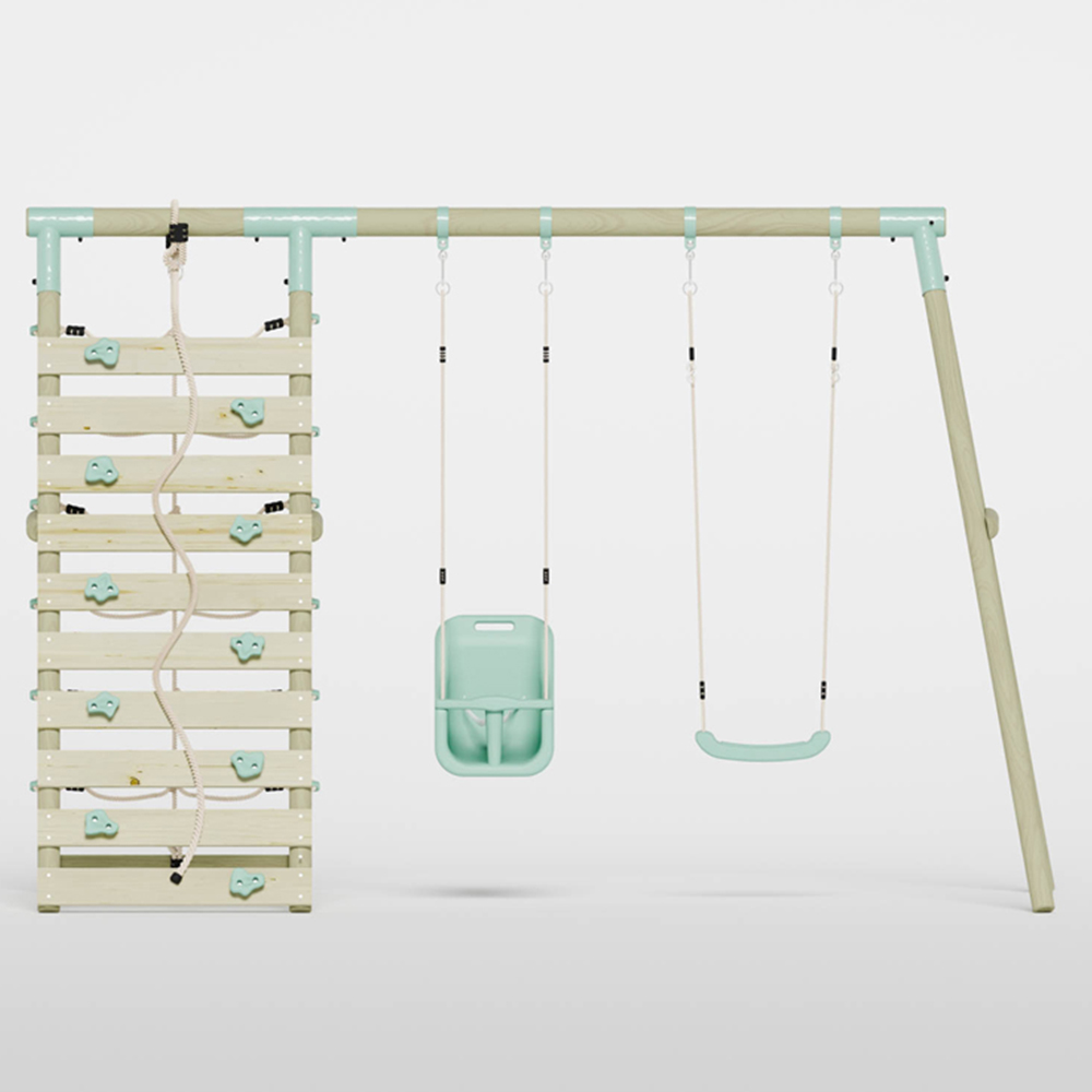 Mercia Wooden Round Pole Single Swing and Baby Seat Swing Set with Climbing Wall Image 3