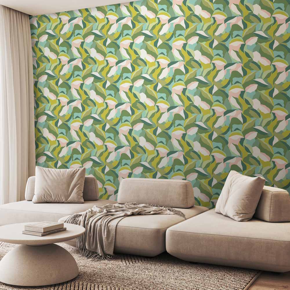 Hoopla Walls Leafy Patchwork Forest Green Non Woven Wallpaper Image 2