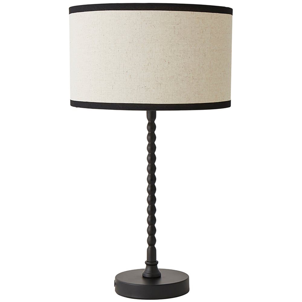 ValueLights Maeve Natural Linen Black Trim Drum Shade Bobbin Table Lamp and Bulb Image 1