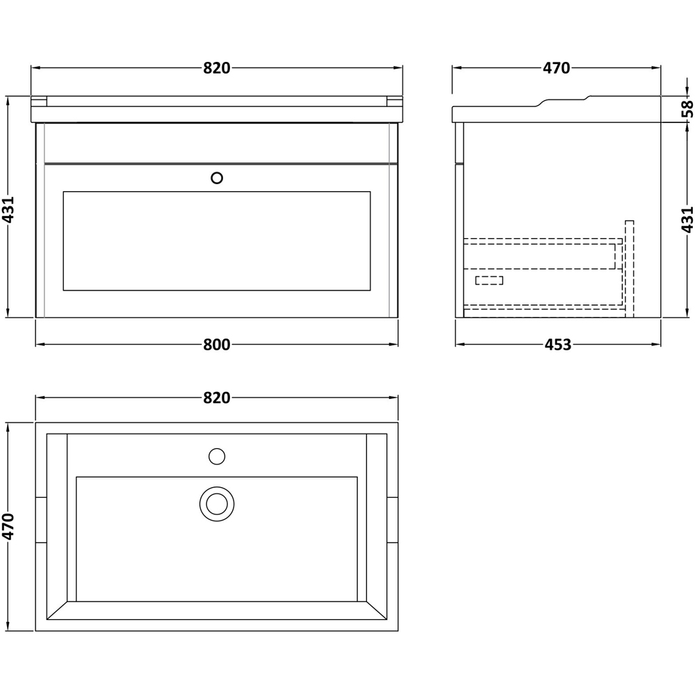 nuie Classique Single Drawer Satin Grey Wall Hung Unit and 1 Tap Hole Fireclay Basin 800mm Image 3