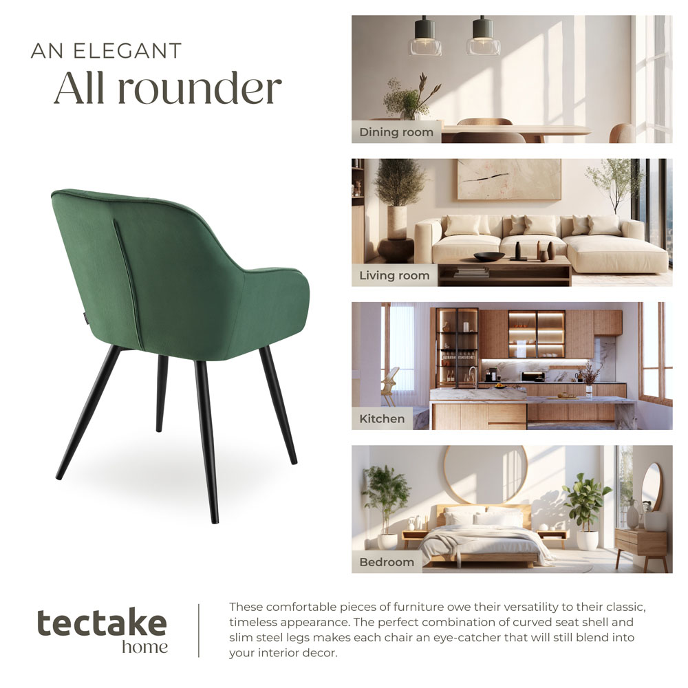 tectake Marilyn Set of 4 Dark Green and Black Quilted Velvet Dining Chair Image 7