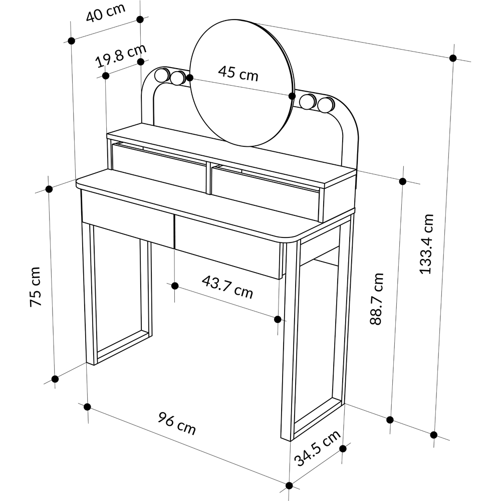 Decortie Lora 4 Drawer White Sapphire Oak Dressing Table with LED Mirror Image 7