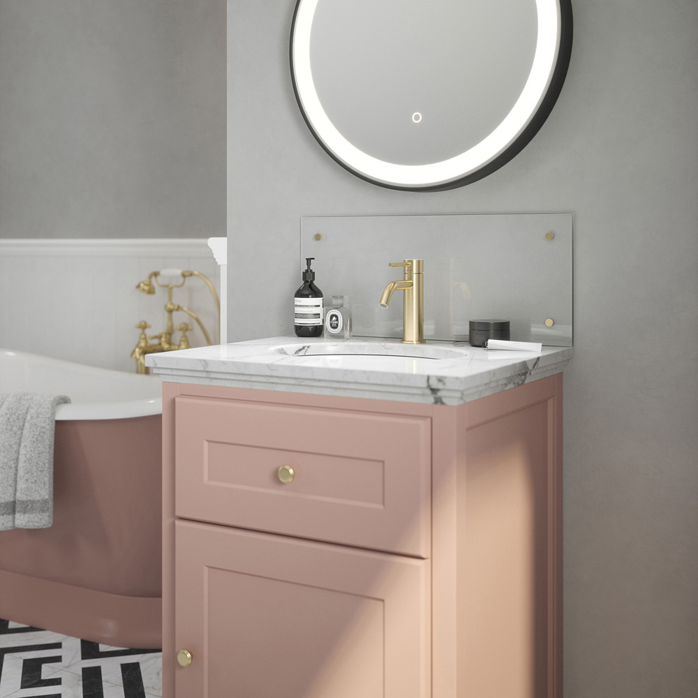 Splashback Crystal Clear Toughened Glass Bathroom Splashback with Brushed Brass Caps 250 x 500mm Image 2