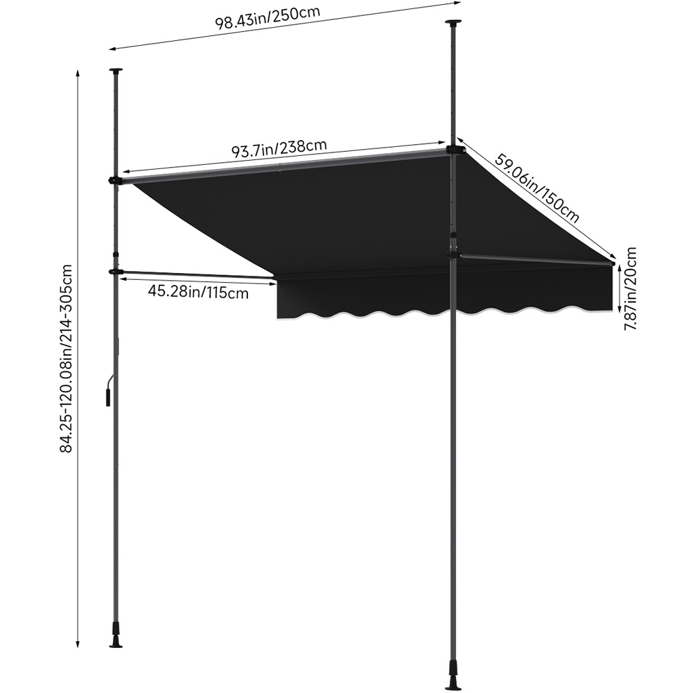 Living and Home Black Retractable Height Adjustable Awning 2.5m Image 7