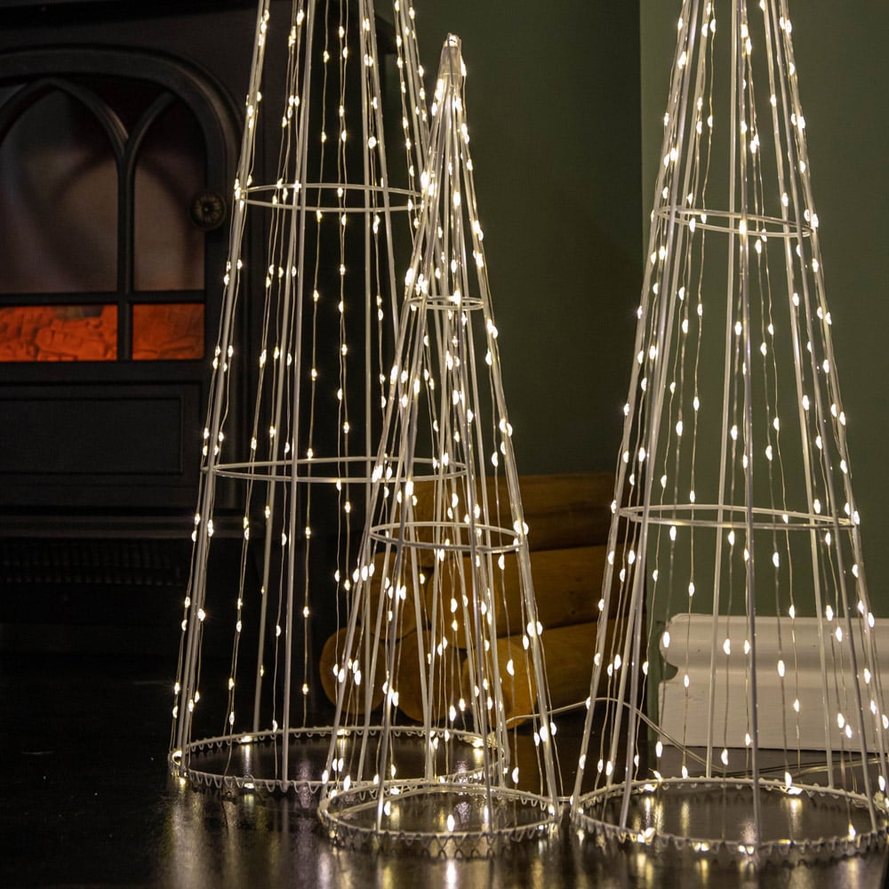 Samuel Alexander Warm White LED Light Up White Metal Dewdrop Christmas Cone Tree Set of 3 Image 3