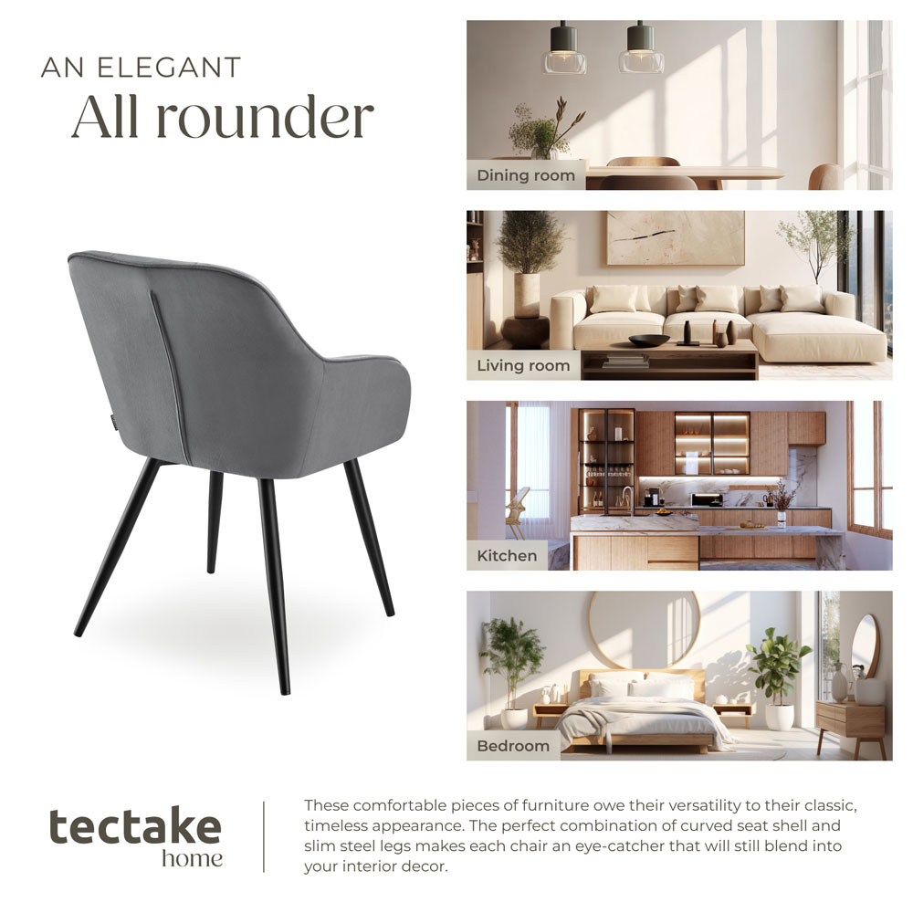 tectake Marilyn Set of 4 Grey and Black Quilted Velvet Dining Chair Image 7