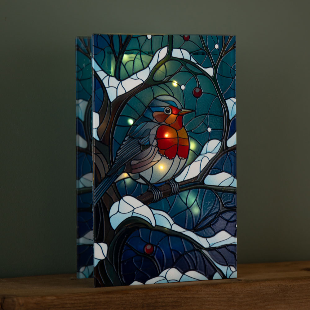 Samuel Alexander 50 Warm White LED Robin Scene Light Up Stained Glass Decoration 21cm Image 7
