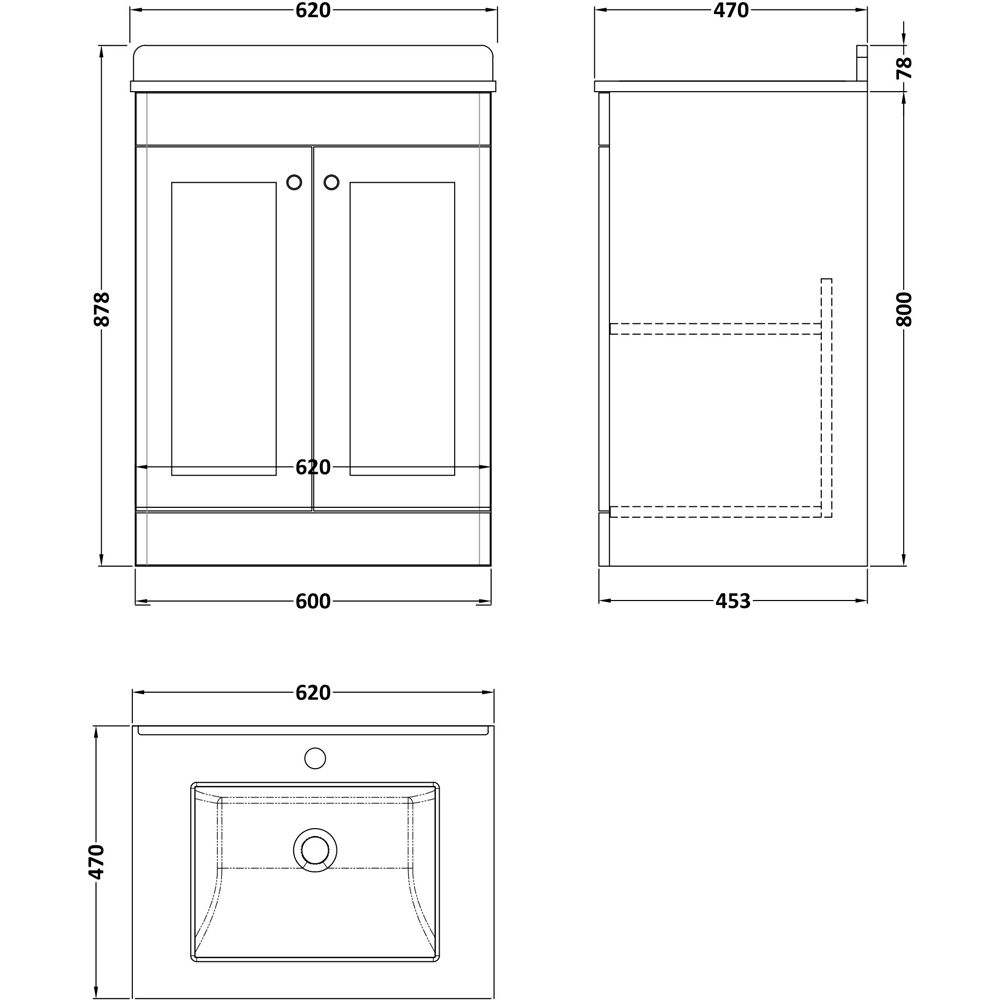 nuie Classique 2 Door Soft Black Floor Standing Unit and 1 Tap Hole Marble Top Square Basin 600mm Image 3