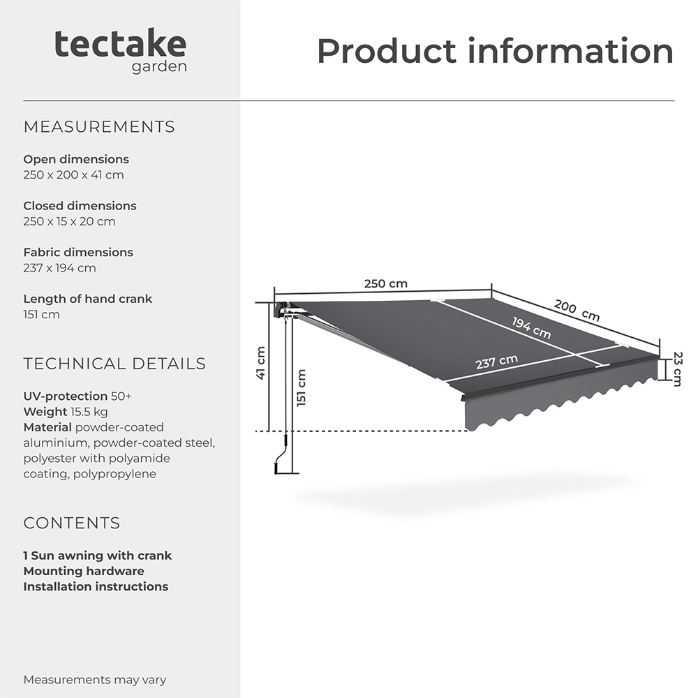 tectake Ornella Dark Grey Retractable Awning 250 x 200cm Image 8