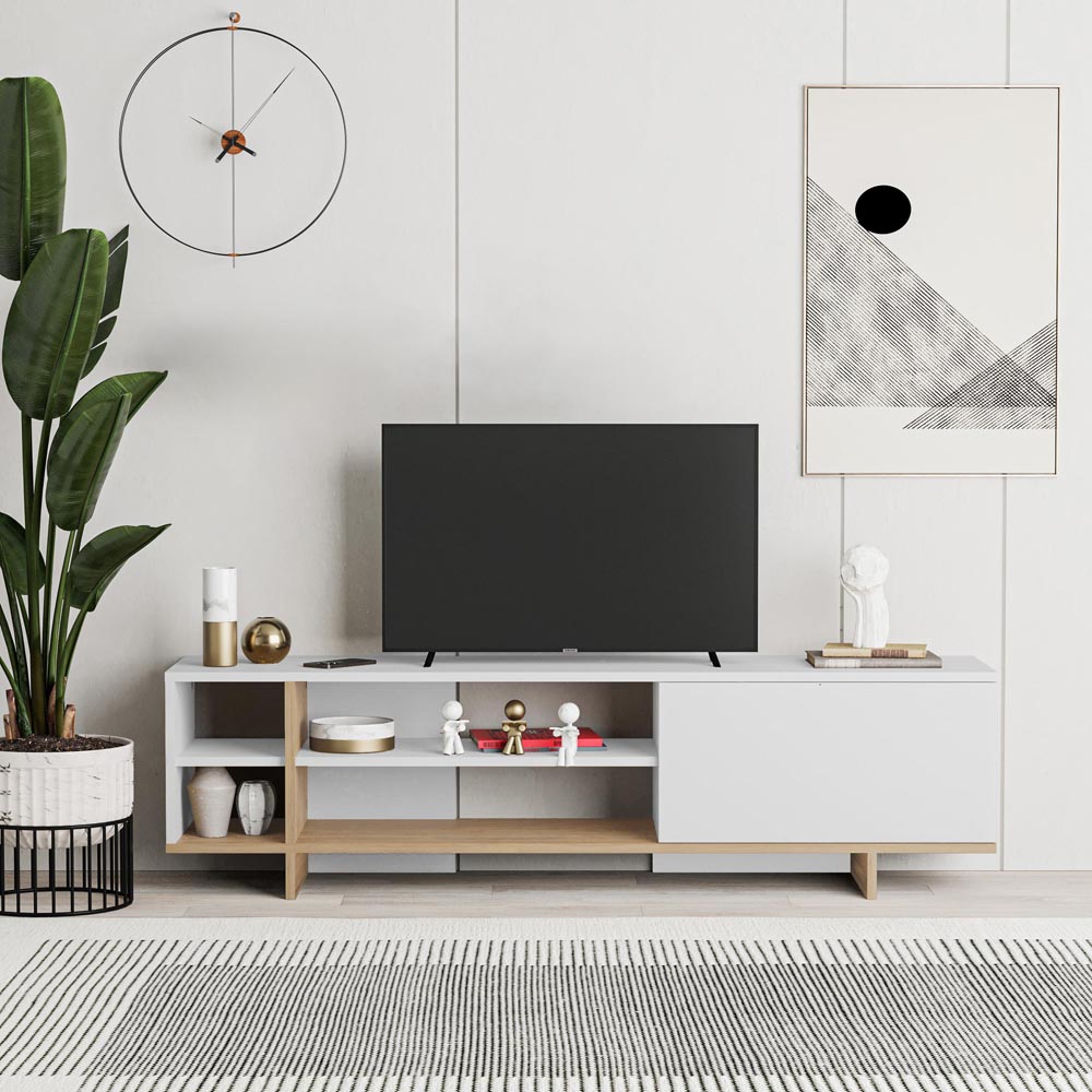 Decortie Stockton Single Door 4 Shelf White Oak TV Stand Image 3