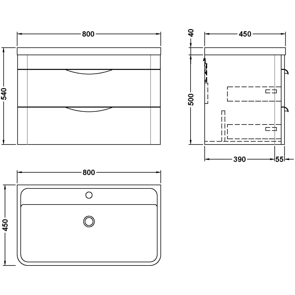 nuie Parade 2 Drawer Soft Black Wall Hung Vanity Unit and 1 Tap Hole Polymarble Basin 800mm Image 3