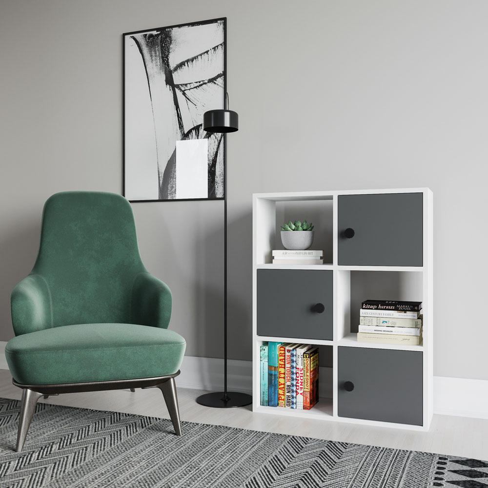 Decorotika Tilton 3 Door 3 Open Shelf White and Anthracite Bookcase Image 4