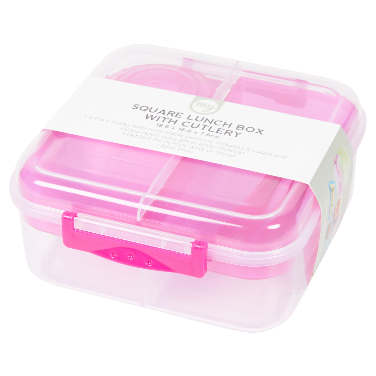 Square Lunch Box with Cutlery Pink or Blue Image 5