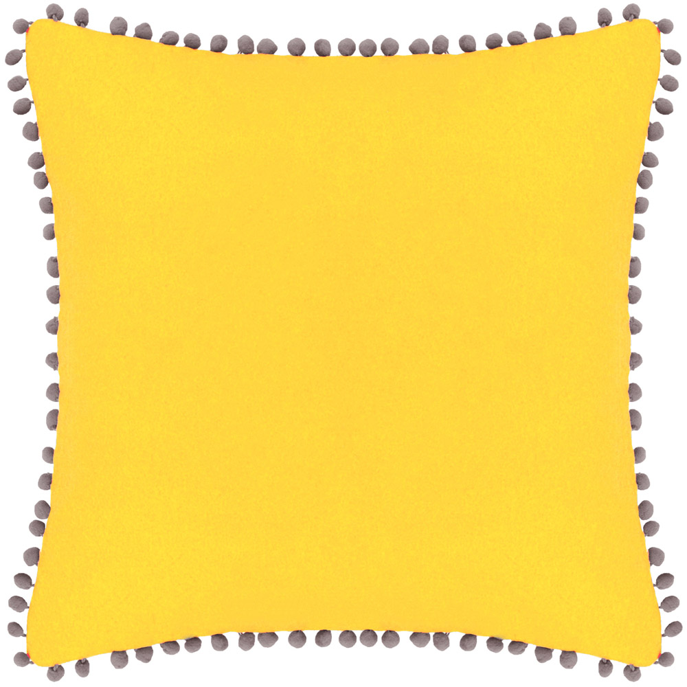 Paoletti Yellow and Grey Velvet Touch Pom Pom Cushion Image 1