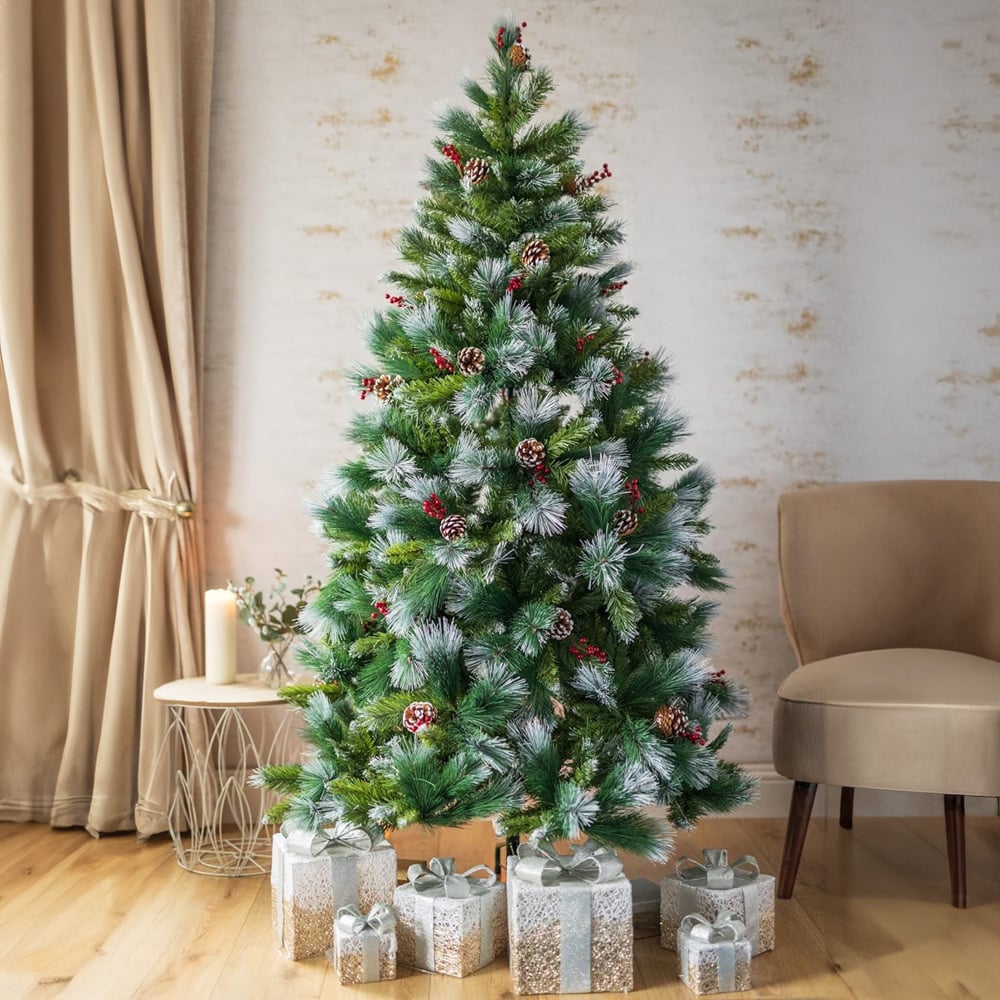 Marco Paul Green Frosted Glacier Christmas Tree with Pine Cones 6ft Image 2