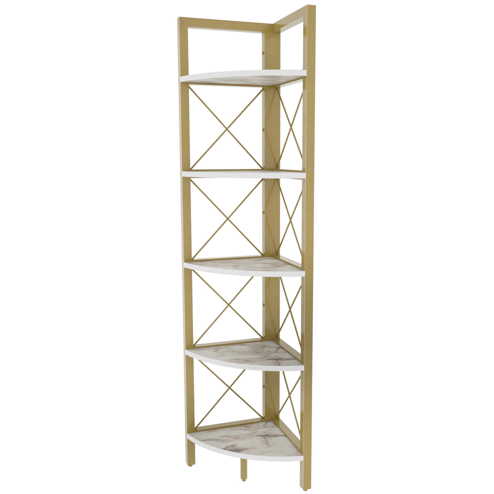Decorotika Remo 5 Shelf White Marble Effect And Gold Metal Frame Corner Storage Rack Image 3