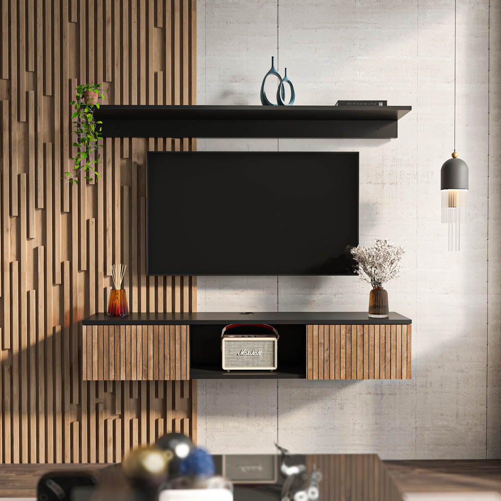 Decorotika Elia 2 Door Single Shelf Black and Alina Floating TV Unit with Wall Shelf Image 6