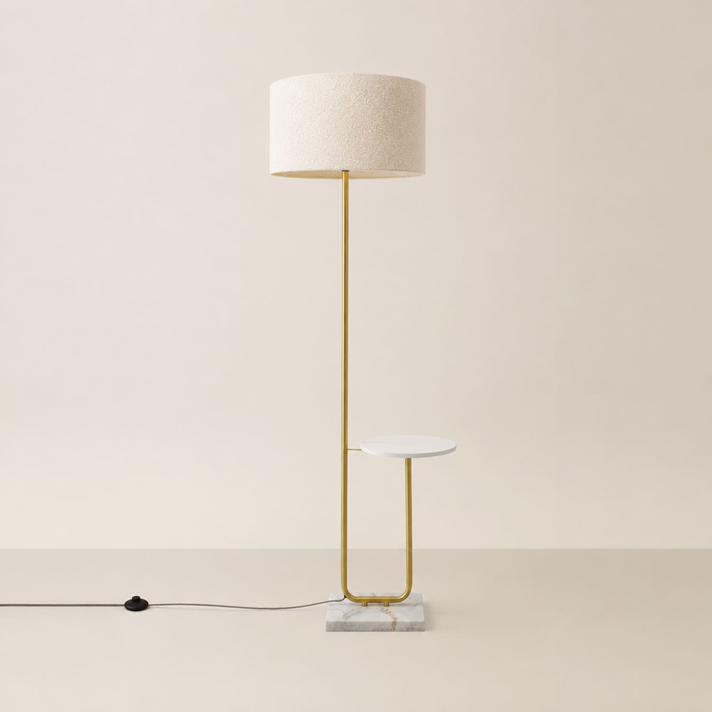 ValueLights Tavel Cream Boucle Fabric Shade Gold Shelf Floor Lamp with Bulb Image 3