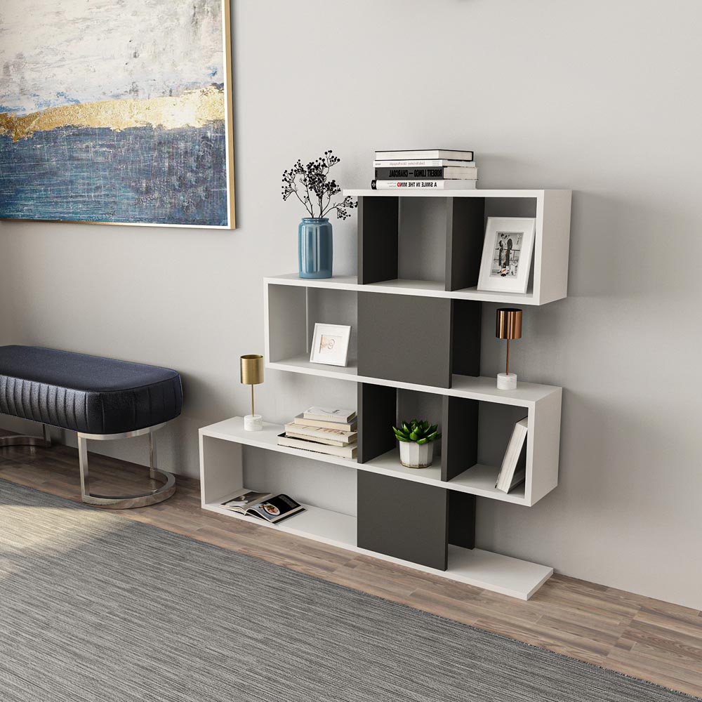 Decorotika Karlin 9 Shelf White and Anthracite Modern Bookcase Image 3