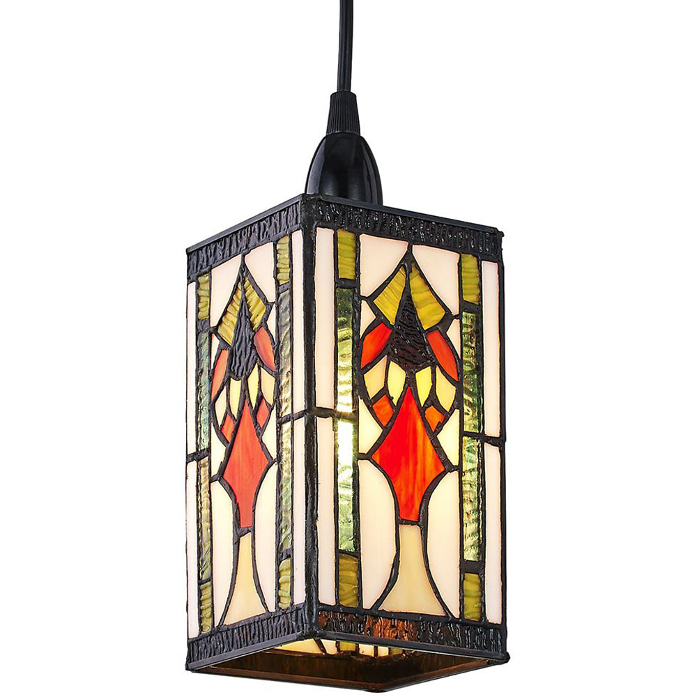 Happy Homewares Art Deco Tiffany Green Amber and Red Stained Glass Pendant Shade Image 4