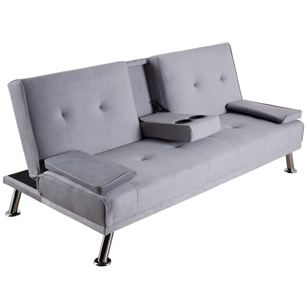 Home Source 2 Seater Grey Crushed Velvet Folding Sofa Bed with Armrests and Metal Legs Image 2