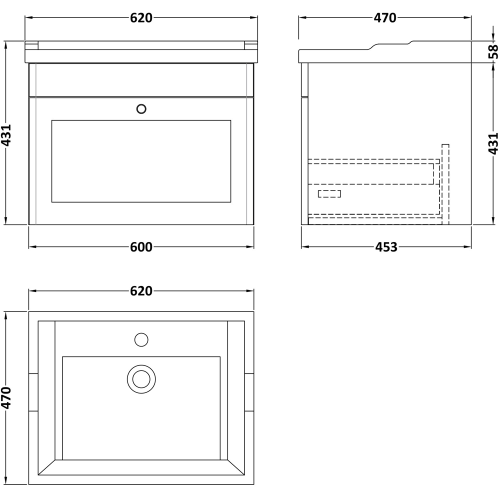 nuie Classique Single Drawer Soft Black Wall Hung Unit and 1 Tap Hole Fireclay Basin 600mm Image 3